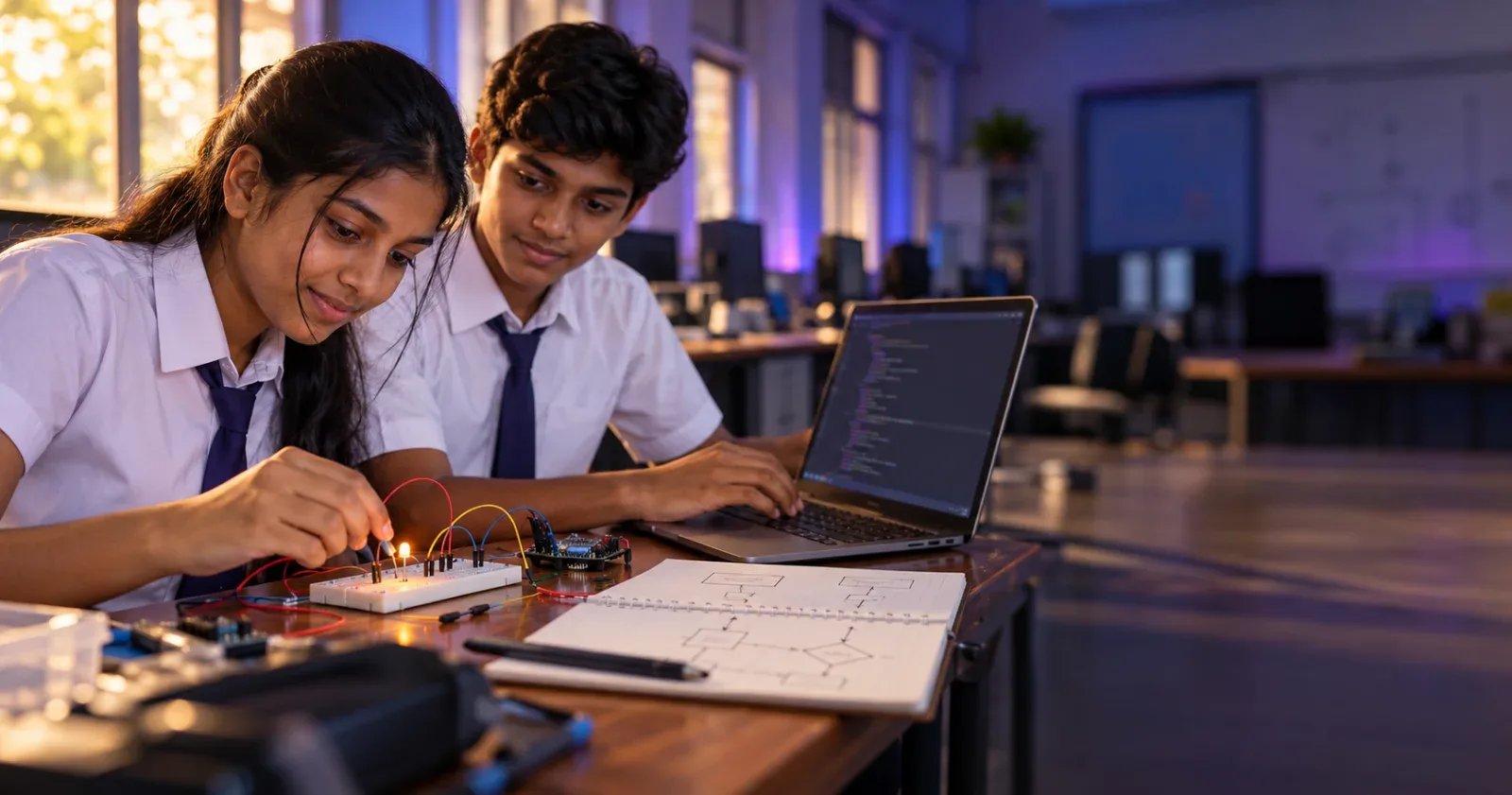 Two Sri Lankan A/L ICT students testing an electronic circuit and programming a laptop in a school computer lab.